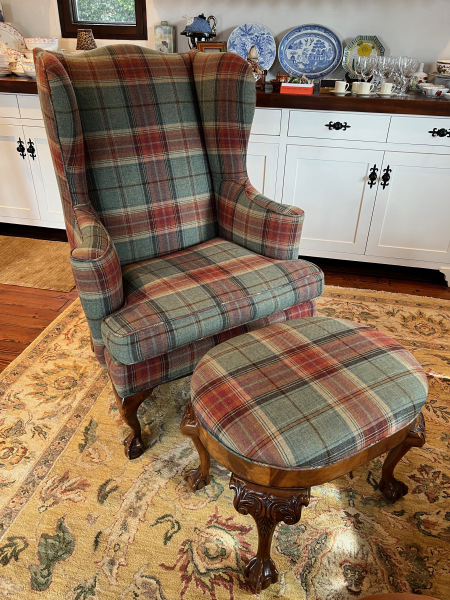 Wool Plaid Upholstered Chair with Ottoman